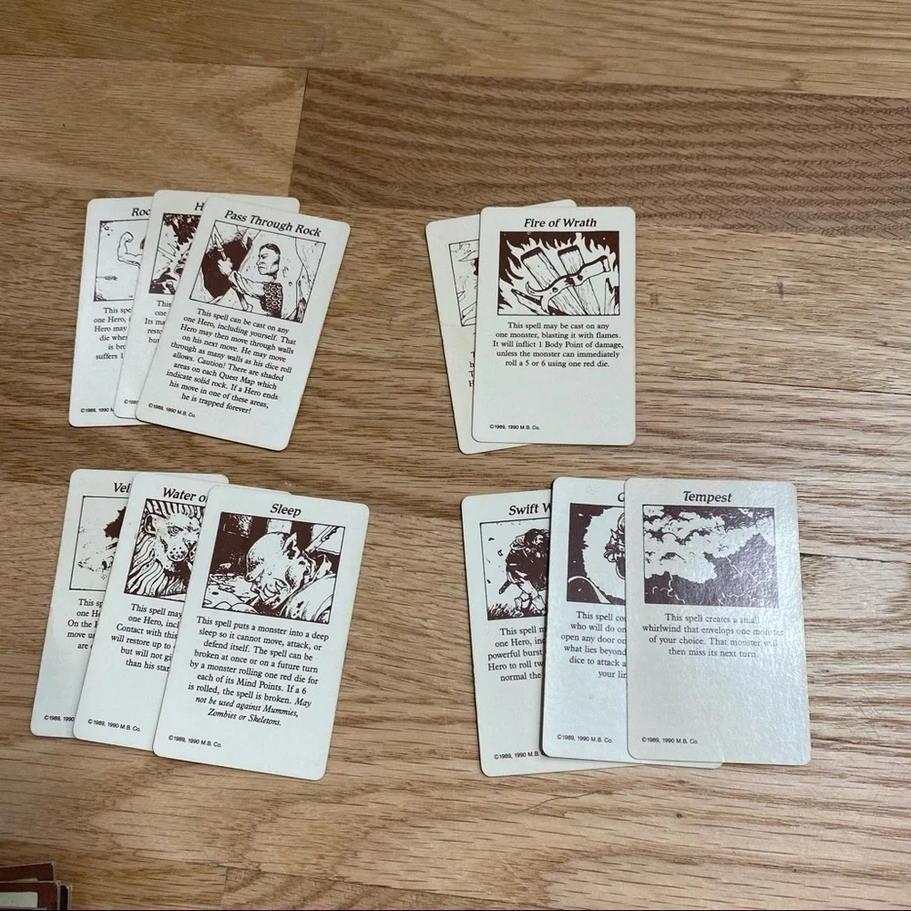 Hero Quest 11 Spell Cards Fire Water Earth Air Vintage 1990 Game Piece